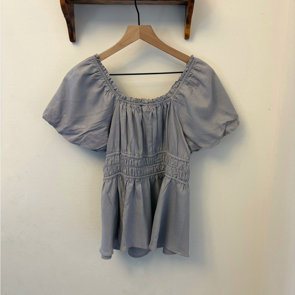 Torrid Linen Blend Puff Sleeve Shirred Bodice Blouse Lavender Grey Size 0 - Picture 5 of 8